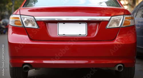 Closeup of Red Automobile's Rear with Blank White License Plate and Horizontal Bumper Sticker Space