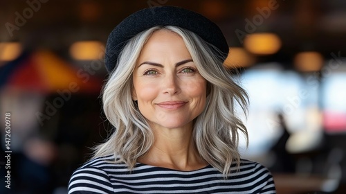 Wallpaper Mural Smiling mature woman with gray hair wearing a black hat and striped shirt, exuding confidence and charm in a bright indoor setting. Torontodigital.ca
