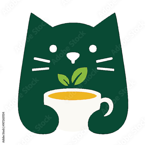 cat tea leaf cup negative space logo vector icon illustration