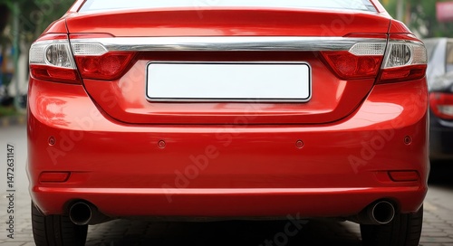 Closeup of the Rear of a Bright Red Automobile Featuring a Blank White License Plate and Horizontal Bumper Sticker