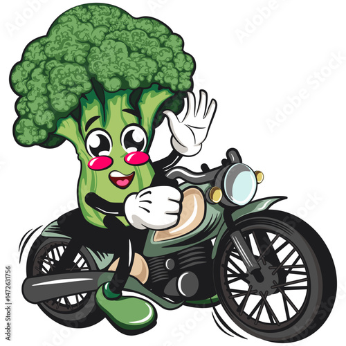 Cute broccoli vegatable vektor illustration mascot character riding a big motorcycle, work of hand drawn