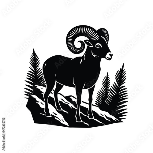 Wildlife Mountain Scene with Bighorn Sheep Silhouette Vector