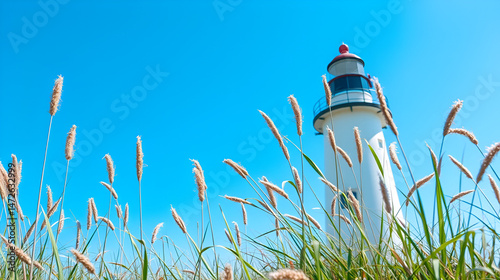 Fresh, clean photo with blue sky, reeds of grass in the foreground and a Nova Scotian lighthouse as the focal point