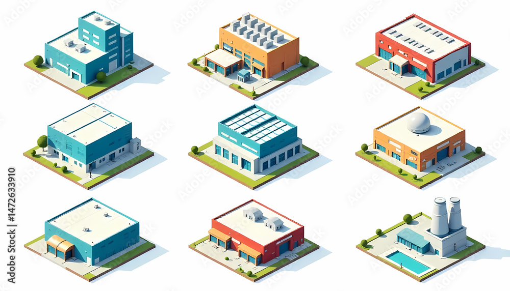 A collection of diverse, isometric architectural buildings presented on a white backdrop for various uses. A collection of diverse, isometric architectural buildings presented on a white backdrop for various uses.