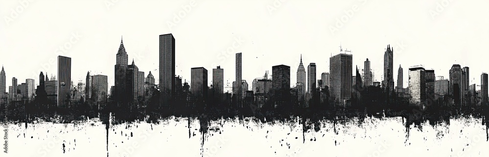 Monochrome Skyline with Black Ink Splatter, Urban Cityscape, Distressed Style Monochrome Skyline with Black Ink Splatter, Urban Cityscape, Distressed Style
