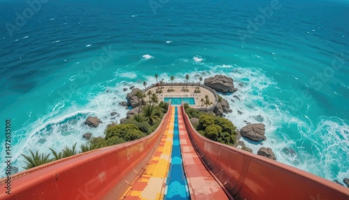 Oceanside Waterpark Thrills: An exhilarating waterslide descending towards a turquoise ocean and rocky coastline, offering an unforgettable summer adventure.