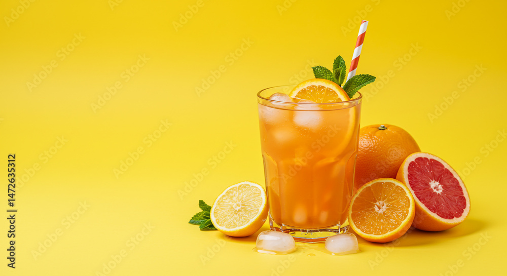 Two refreshing orange drinks with ice and straws sit on a bright yellow background.
Two refreshing orange drinks with ice and straws sit on a bright yellow background.