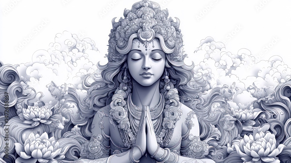 Peaceful, adorned figure, serene pose Peaceful, adorned figure, serene pose