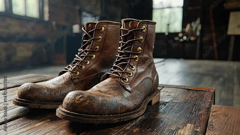 Distressed Brown Leather Boots on Rustic Wood