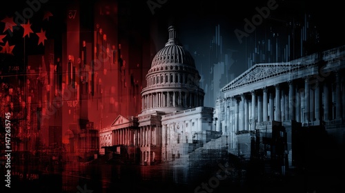 U.S. Capitol with Economic Downtrend Graph – American Politics and Crisis Concept