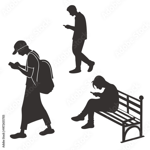 Silhouette Figures of a Man Standing, Sitting on a Bench, and Hunched Over a Device 
