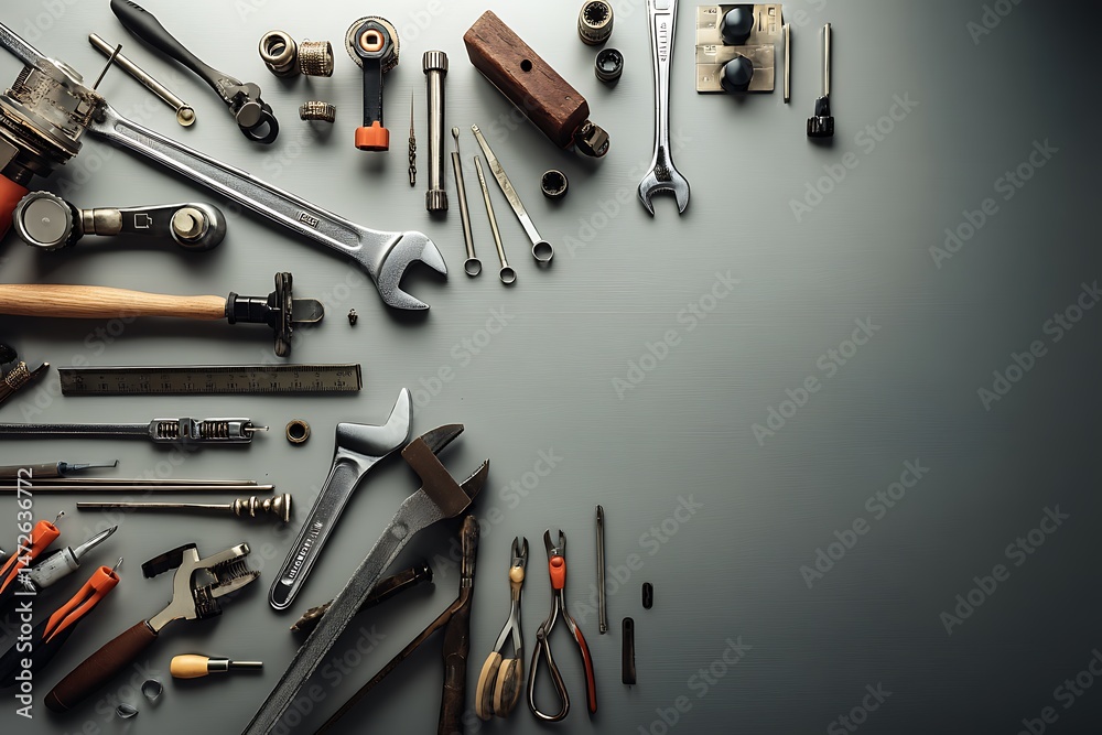 Fototapeta premium A collection of various hand tools arranged neatly on a grey background, showcasing the diversity of instruments used in different trades.