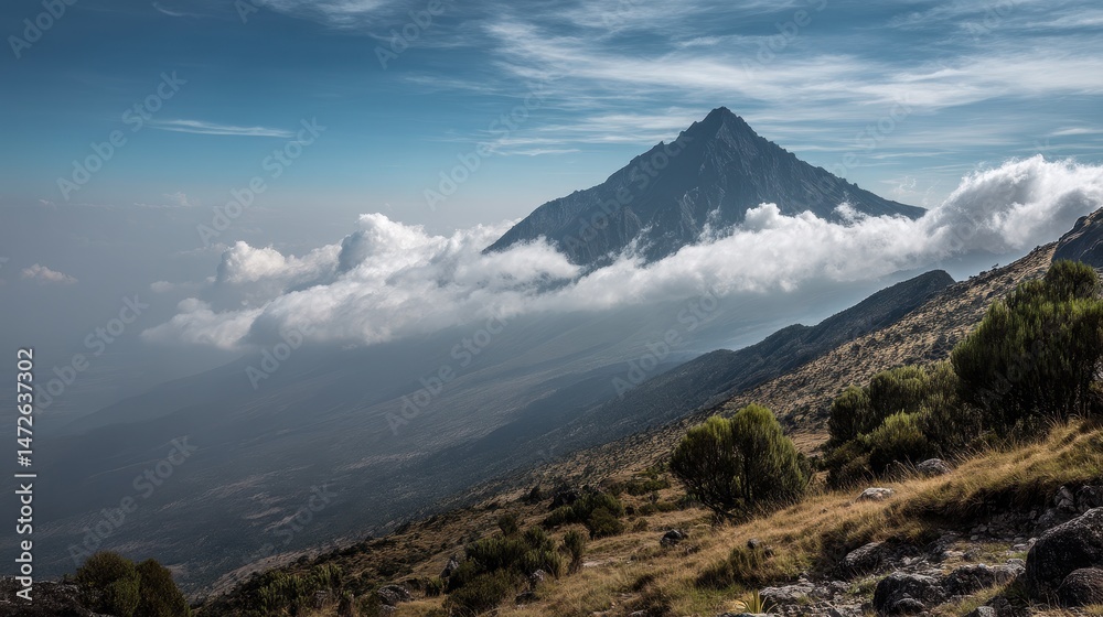 Majestic Meru: Ash Cone Peaks Above Cloudscape in Arusha, Tanzania - A Stunning African Landscape Majestic Meru: Ash Cone Peaks Above Cloudscape in Arusha, Tanzania - A Stunning African Landscape