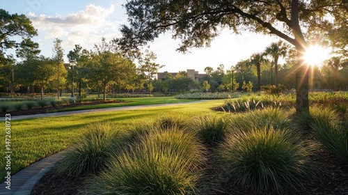 Golden hour view of a landscaped parkland area.