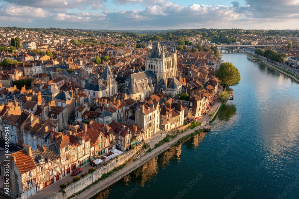 Obraz premium Panoramic Perspective of Historic Auxerre: Charming River, Architectural Marvels, and Picturesque Streets in France