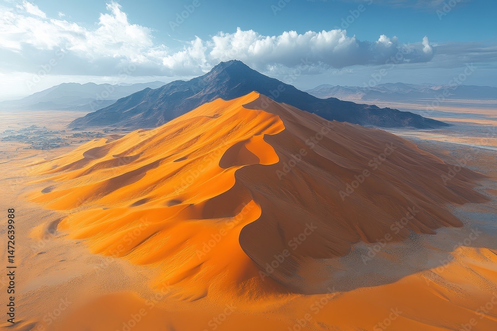 Naklejka premium Majestic sand dunes rise under a bright sky near a mountain in the desert landscape at sunset