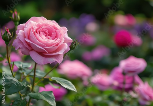 Delicate Pink Rose Bloom Surrounded by Vibrant Garden Flowers Capturing the Essence of Nature’s Beauty in Soft Focus Background