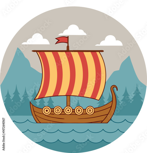 A cheerful Viking longship sails on the open sea past mountainous terrain in this design
