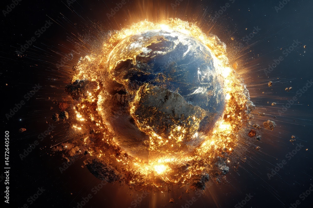 Fototapeta premium Dramatic Earth Implosion - Artistic Illustration of Planetary Disintegration in Space
