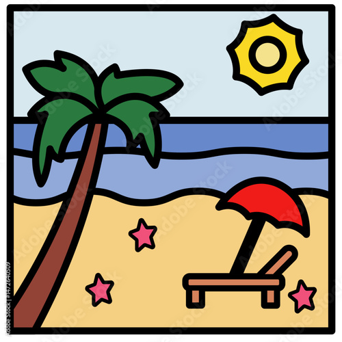 illustration of a beach with palm tree and deck chair