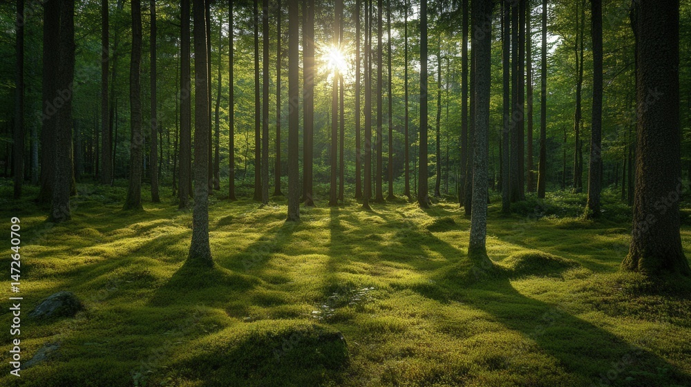 Naklejka premium Lush forest floor bathed in golden sunlight.