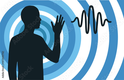 Abstract silhouette of a person with raised hand and sound wave symbol on a blue concentric background, representing the power of speech, communication, and self-expression