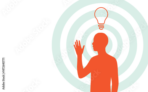 Abstract silhouette of person with lightbulb above head on green concentric background, symbolizing creative thinking, innovation, and new ideas