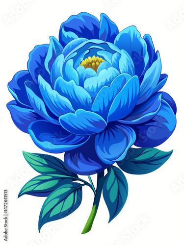 Vibrant Blue Peony Flower with Lush Green Leaves Isolated on White Background