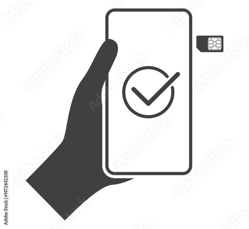 hand with smartphone sim card and check mark icon