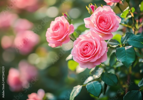 Delicate Pink Roses Blooms Surrounded by Lush Green Leaves in Soft Natural Light Creating a Serene and Beautiful Garden Scene
