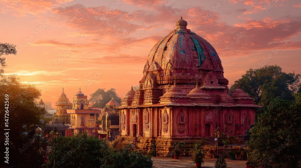 Fototapeta premium Jagannath Puri Temple: Architectural Marvel of Faith and Culture at Sunset During Pandemic Times