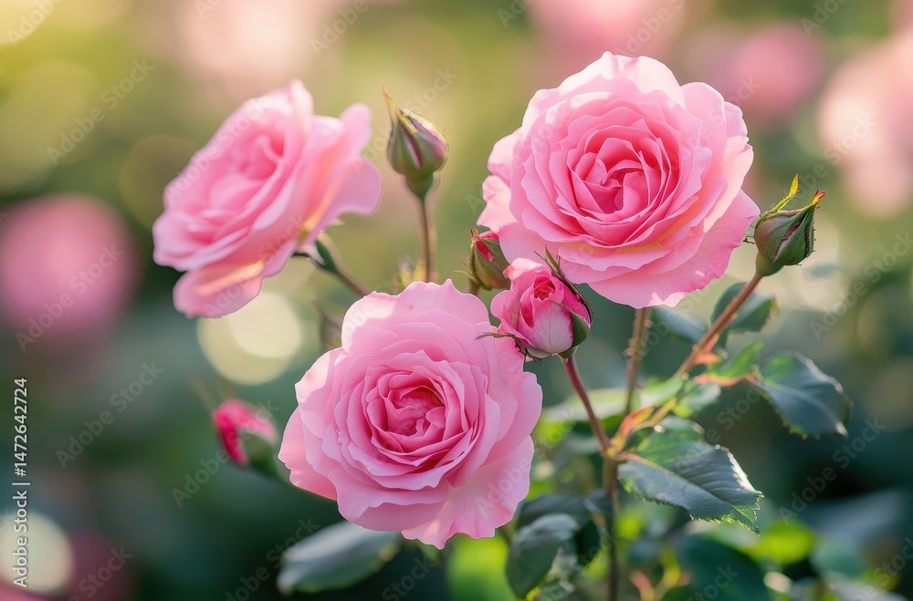 Delicate Pink Roses in Bloom Surrounded by Soft Green Leaves with a Gentle Bokeh Background Creating an Ethereal and Romantic Atmosphere Delicate Pink Roses in Bloom Surrounded by Soft Green Leaves with a Gentle Bokeh Background Creating an Ethereal and Romantic Atmosphere