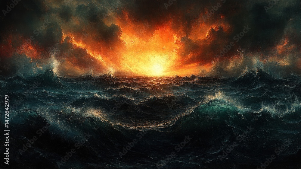 Fototapeta premium Dramatic seascape of a turbulent ocean under a fiery sky.