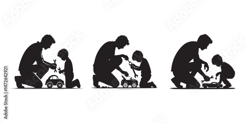 silhouettes of Father Playing with Child – Toy Car Bonding Moment Vector pack
