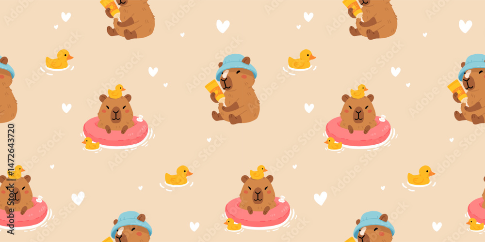Fototapeta premium Seamless pattern with cute summer capybaras in various poses and items. Hand drawn cartoon flat style. Vacation seasonal template for design, kids collection