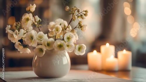 Elegant White Blossoms in Ceramic Vase with Glowing Candlelight Bokeh photo