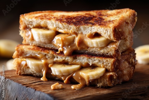 Delicious and Creamy Peanut Butter and Banana Sandwich Toasted to Perfection on a Rustic Wooden Board with Oozing Filling and Warm Golden Crust