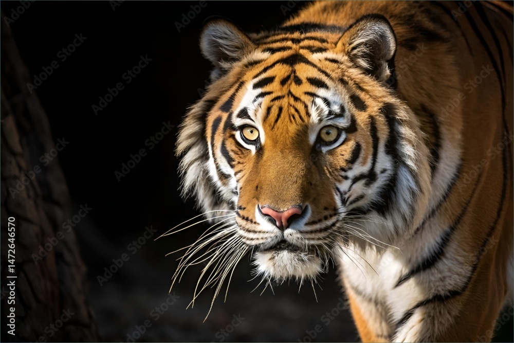 Fototapeta premium Intense Close-Up of Tiger Face with Dramatic Lighting – Powerful Wildlife Portrait