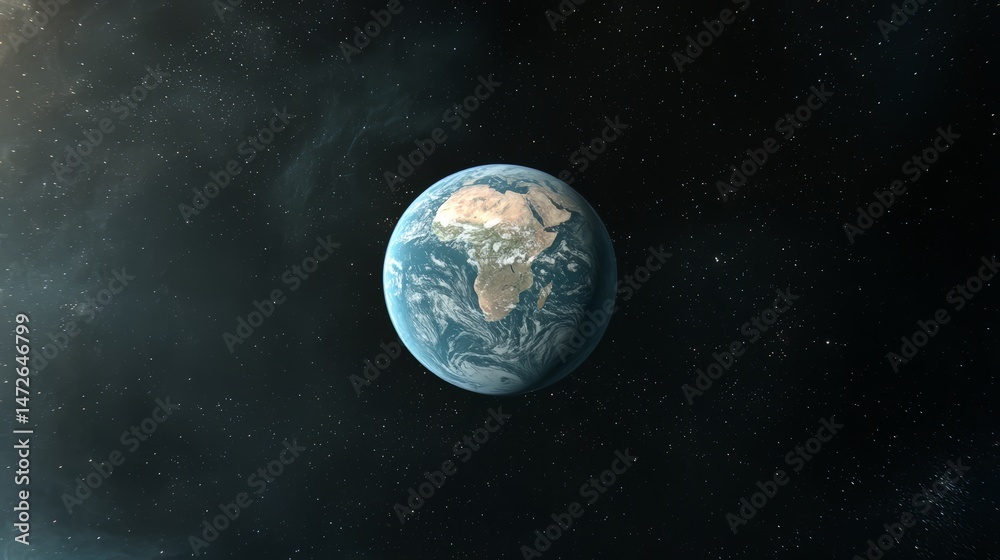 Obraz premium Blue and white planet in the middle of a black sky. The planet is surrounded by a lot of stars