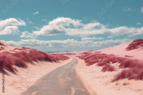 Serene Pink Dunes at Oregon Dunes National Recreation Area with Open Sky and Scenic Road photo