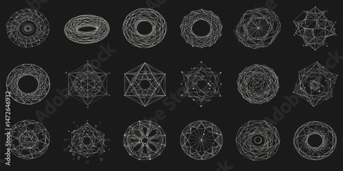 Vector graphic assets kit acid style, Postmodern abstract geometric shapes with wireframe elements of different forms