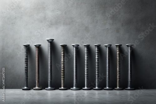 A row of various metallic screws against a grey concrete wall background.