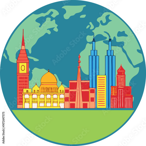 Diverse world landmarks form a vibrant skyline against a textured earth background