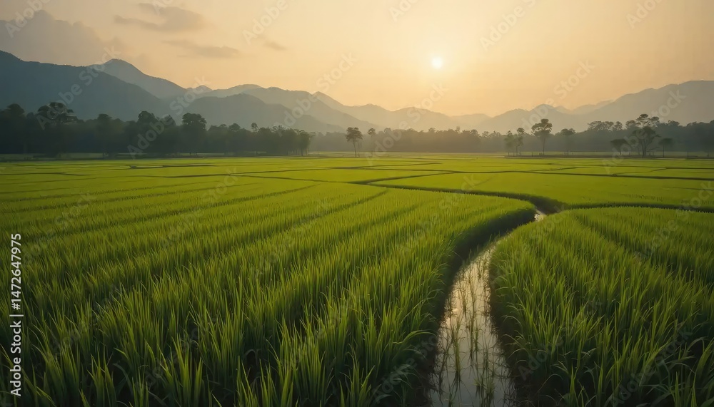 Fototapeta premium Serene Sunset over Lush Green Rice Paddies and Mountains