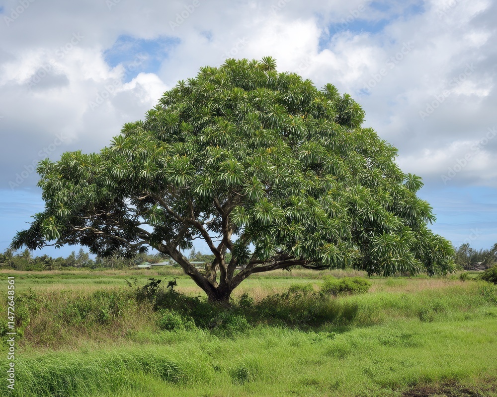 Obraz premium Lush Hawaiian Hala Tree: A Tropical Emblem with Vibrant Green Leaves in a Serene Field