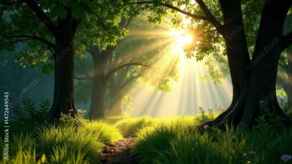 Obraz premium Sunbeams filtering through lush forest trees on a peaceful morning trail scene.