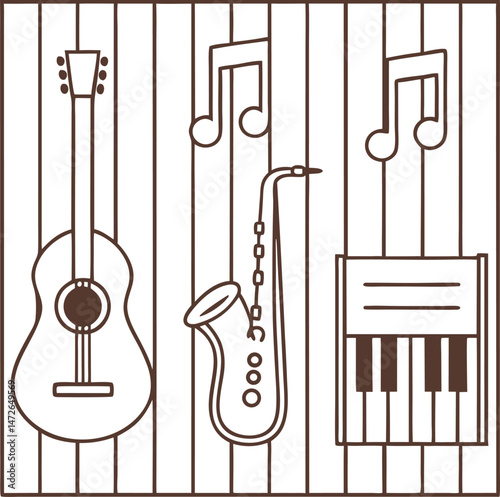 Outline drawing displays music instruments including a guitar, saxophone, piano, and music notes