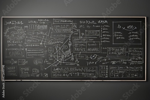 A chalkboard filled with handwritten equations, diagrams, and notes in white chalk, set against a dark gray background.