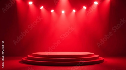 Red spotlight stage with curtains and empty podium illuminated dramatically. photo