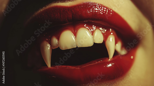 Close-Up of Red Lips with Vampire Fangs Showing Blood and Sharp Teeth in Dark Horror Aesthetic